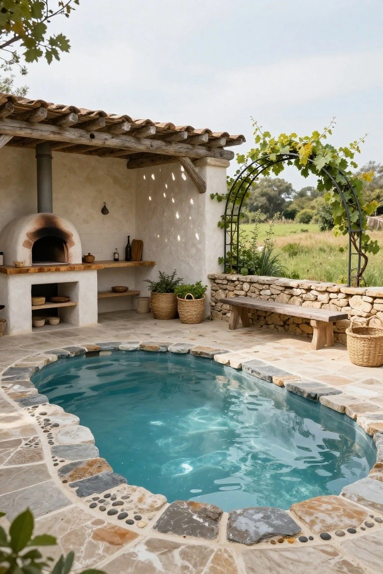 Outdoor patio with a rustic wood-fired oven, built-in shelves, small oval turquoise plunge pool edged in natural stone tiles and pebbles, wooden bench, potted plants, and grapevine archway against a stucco wall under a wooden pergola.