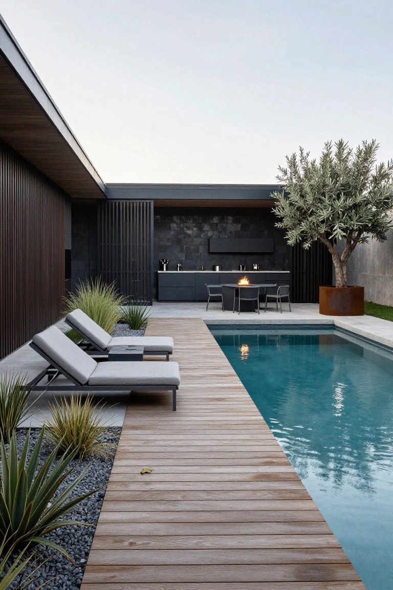 Wooden deck alongside a turquoise pool with two adjacent gray loungers, nearby black outdoor kitchen with cabinets and counters, round black dining table with central fire feature and chairs, olive tree in large rusted metal planter, grasses and agaves in gravel bed, dark wood walls and screens in background.