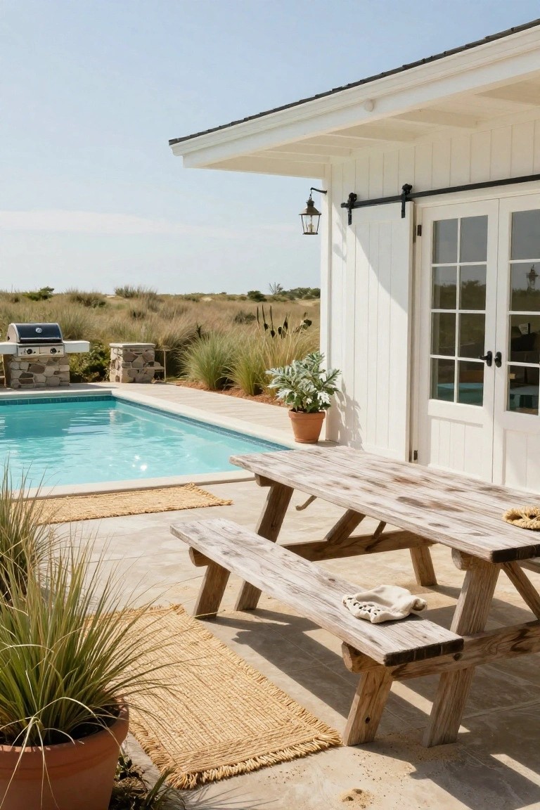 Stone patio beside a turquoise pool with a weathered wooden picnic table and benches, near a white barn-style building, grill on pillars, potted plants, and dune grasses under a clear sky.