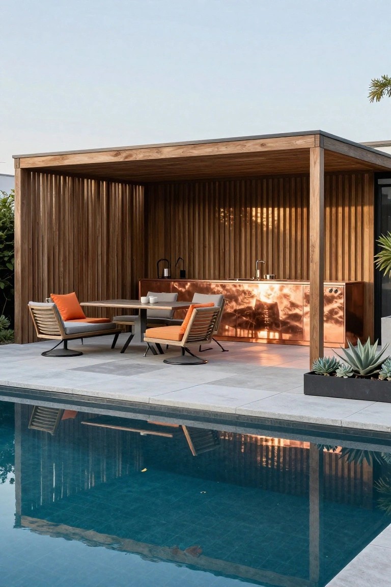 Wooden slatted pavilion with orange swivel chairs at a table, copper bar countertop and sink, paver patio adjacent to turquoise pool with agave plants.
