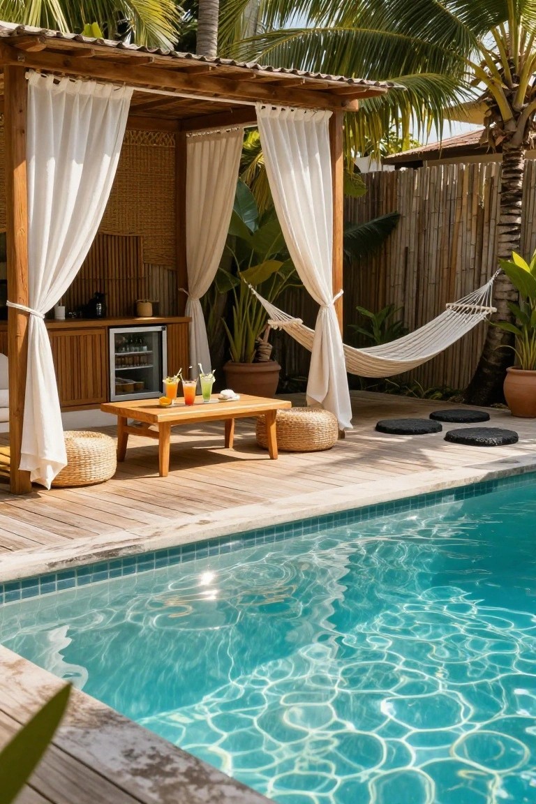 Wooden cabana with sheer white curtains, built-in bar area with mini-fridge, low table holding drinks, hammocks, and round poufs on a deck beside a turquoise tiled pool with tropical plants and palms in the background.