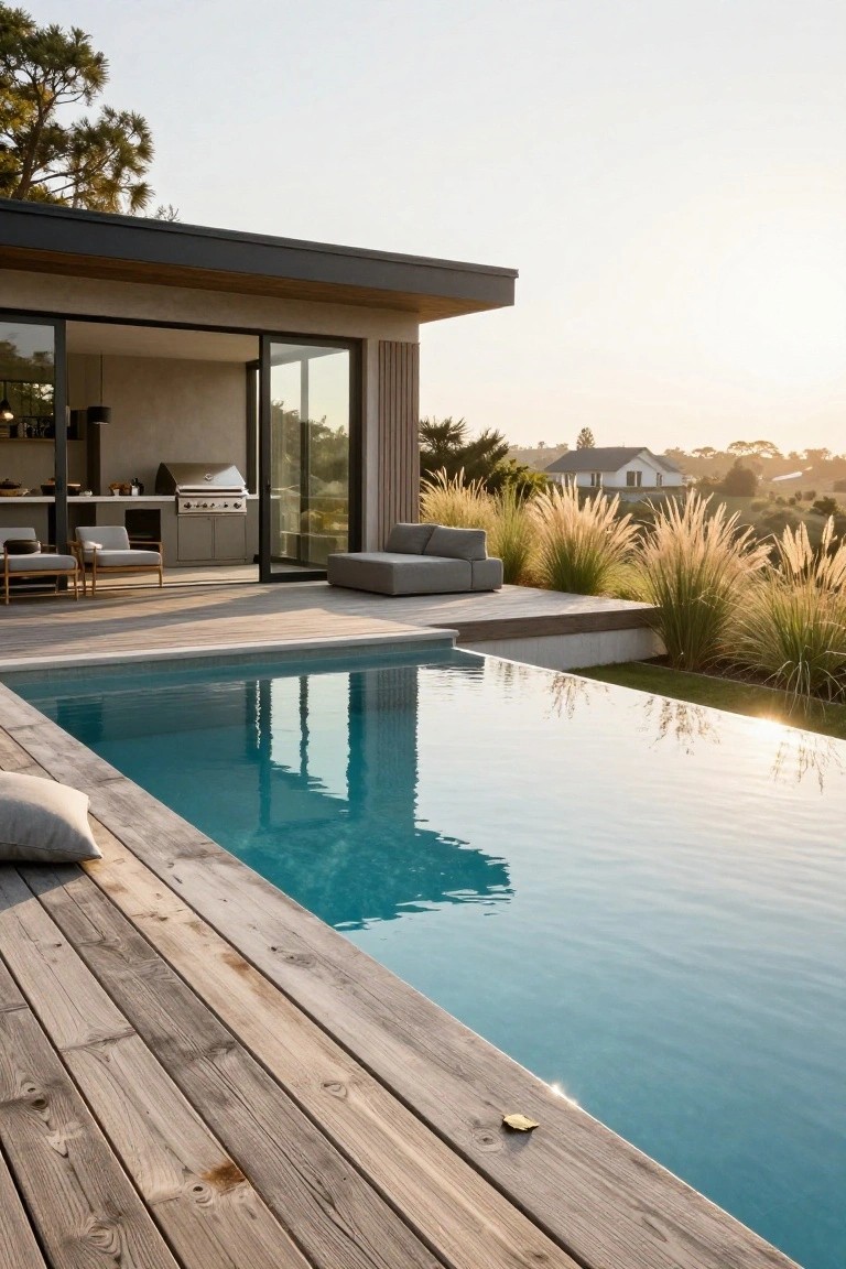 Contemporary home exterior with open glass doors to an outdoor kitchen and gray lounge seating on a concrete patio adjacent to a turquoise infinity-edge pool edged by wooden decking, tall pampas grasses, and a hillside view at sunset.