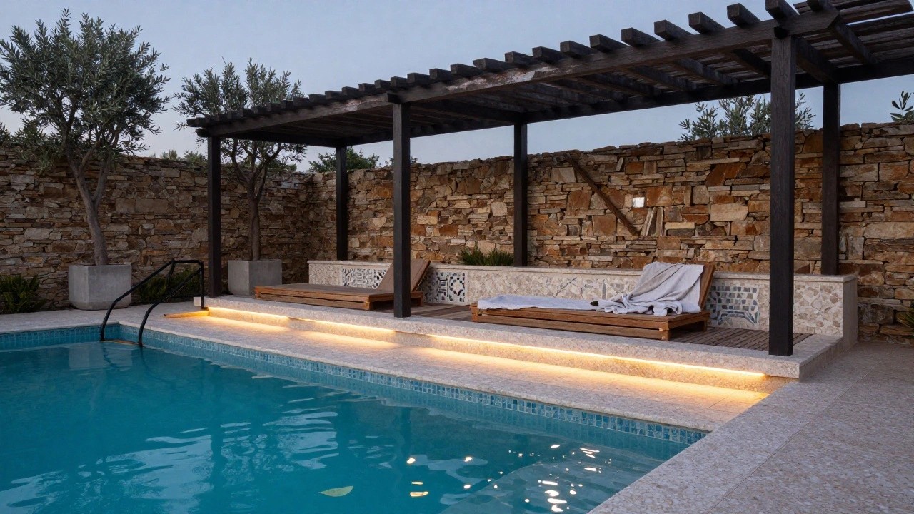 Wooden bench with LED strip lighting underneath next to an infinity-edge pool, flanked by olive trees in stone planters, stone wall backdrop, and pergola structure.