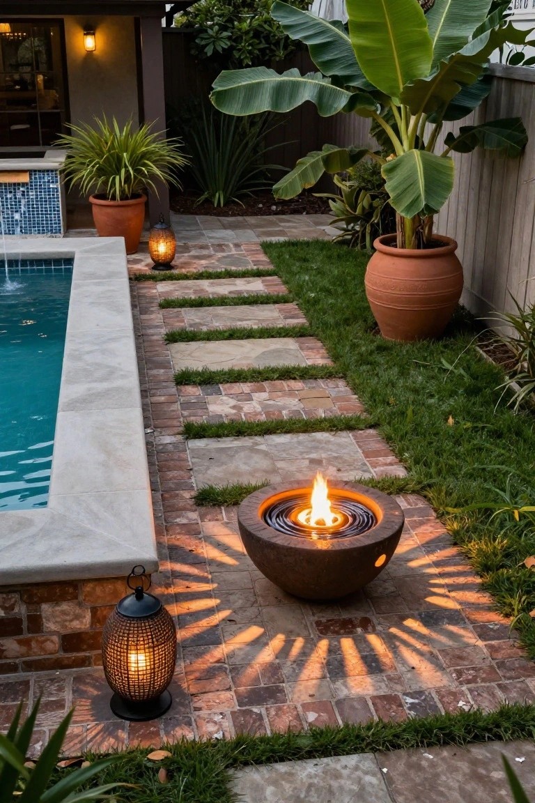 Backyard pool area with a lit circular fire bowl on a brick paver path next to the pool edge, surrounded by potted plants, banana trees, grass strips, and woven lanterns emitting warm light.