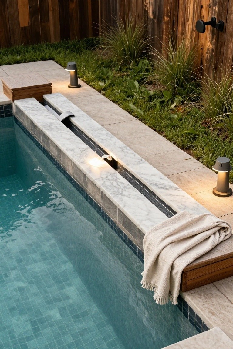 Close view of a turquoise mosaic-tiled pool with white marble edge and narrow overflow channel containing recessed lighting, next to beige travertine pavers, green plants, wooden benches with a folded beige towel, and gray cylindrical path lights.