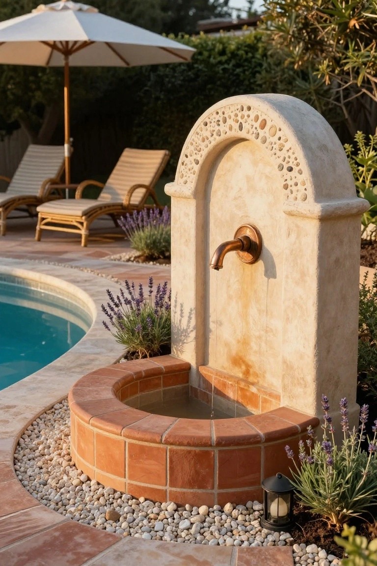 Curved turquoise pool edged in terracotta tiles and white pebbles, with a stone arch fountain featuring brass spout and water flow, lavender plants, a black metal lantern with lit bulb on the ground, wooden lounge chairs, and white umbrella nearby.