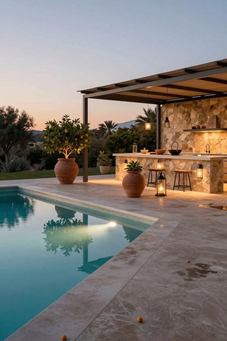 Dusk-lit outdoor pool beside stone kitchen under metal pergola, with hanging lanterns, wall lights, terracotta pots holding citrus trees, and distant landscape.