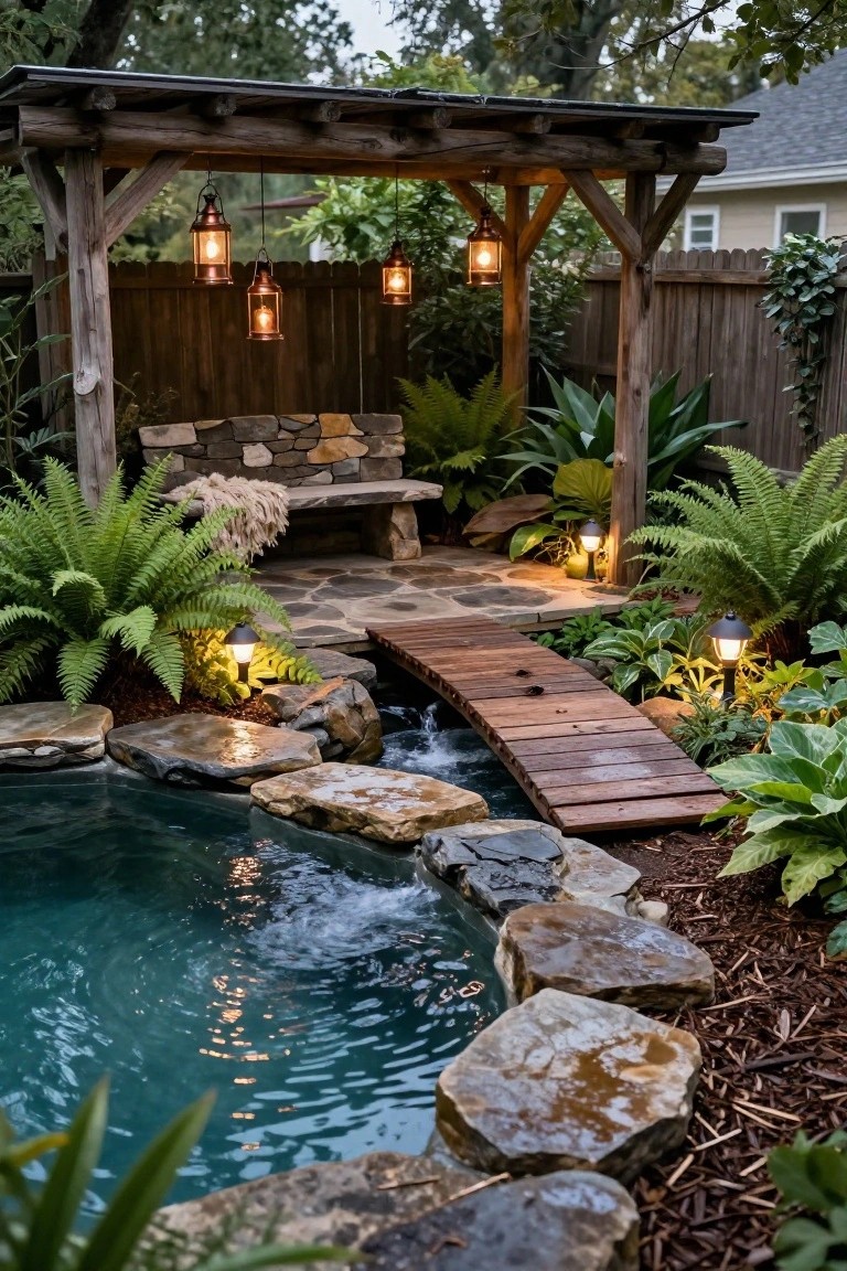 Wooden pergola with hanging copper lanterns over a stone bench, a wooden bridge crossing a stream into a turquoise pool, surrounded by ferns, rocks, mulch beds, and ground-level path lights in a backyard garden at dusk.