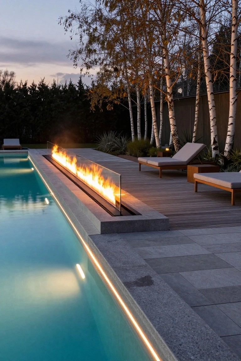 Long linear fire feature with flames burning along the stone edge of a swimming pool, enclosed by glass panels, adjacent wooden deck with lounge chairs, agave plants, birch trees, and hedge in the background at twilight.