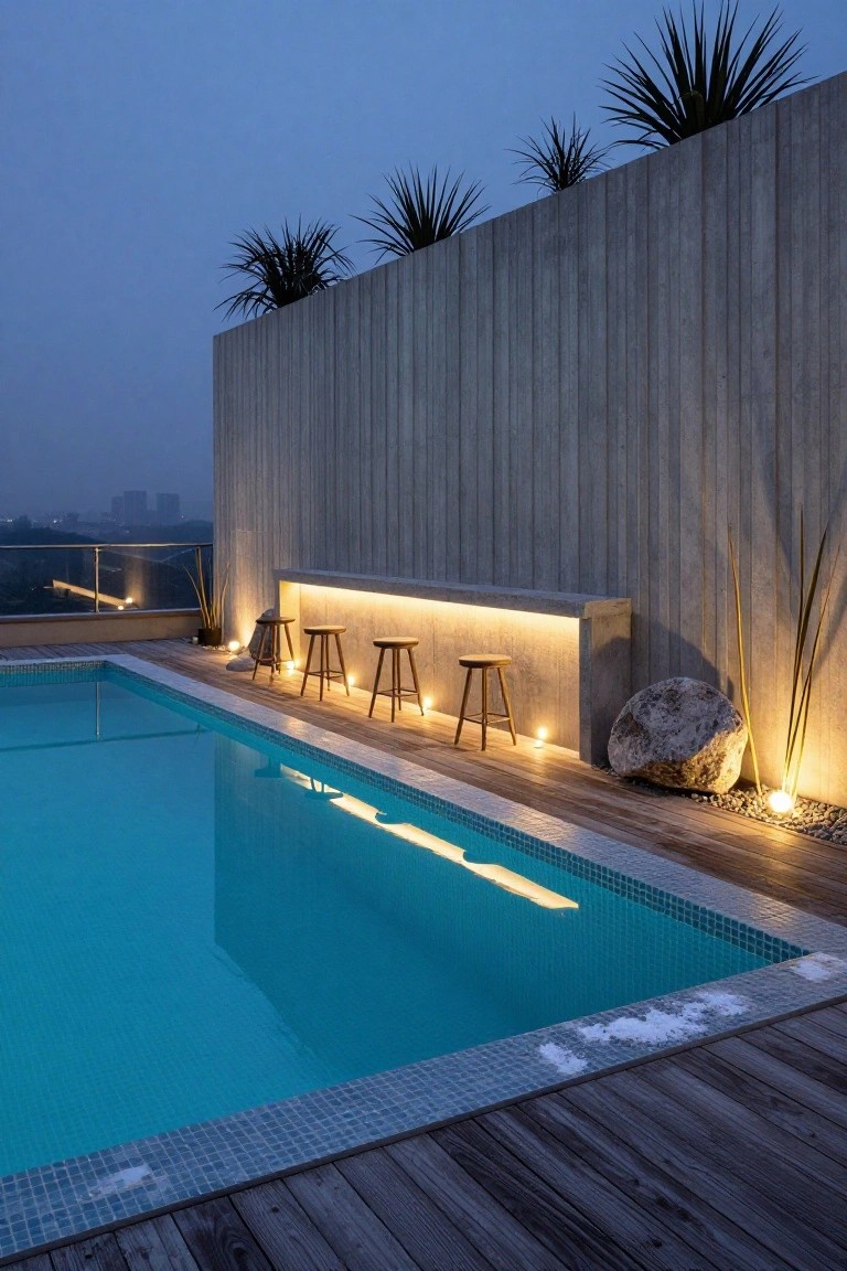 Rooftop pool at dusk with turquoise tiles, wooden deck, concrete bar counter with under-lighting, four wooden stools, potted plants, boulders, grasses, and concrete privacy wall.