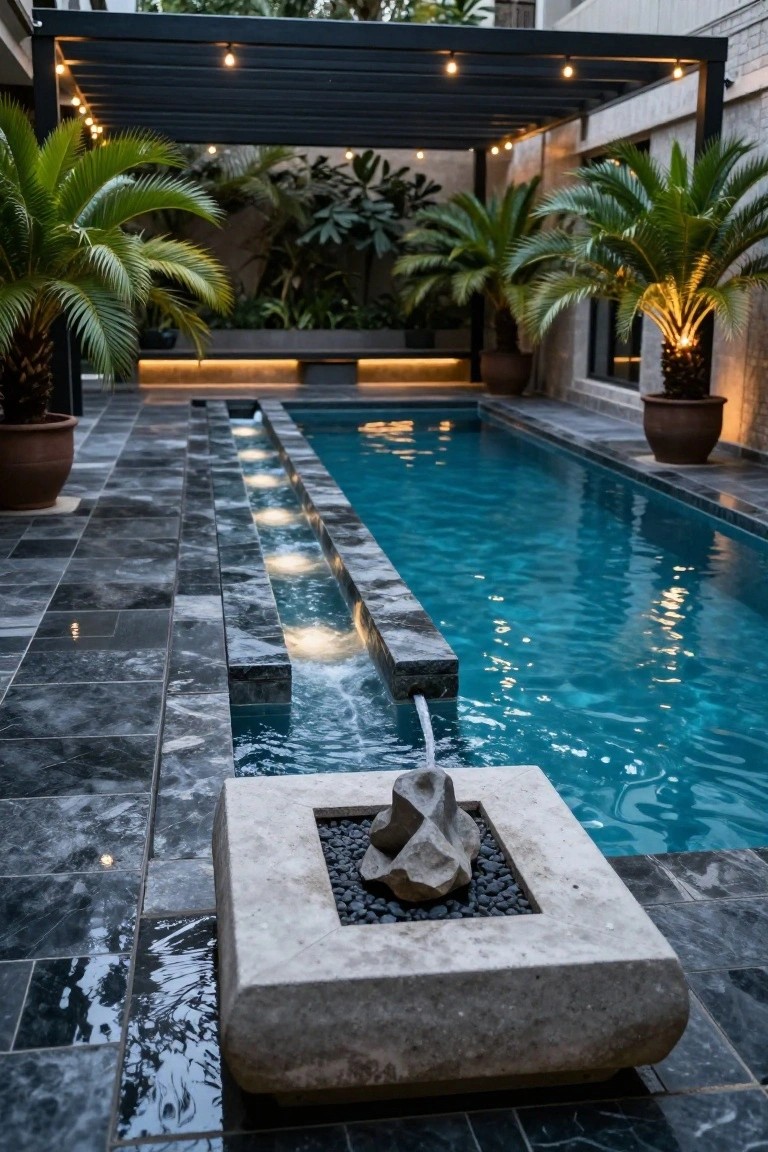 Long rectangular pool with turquoise water and illuminated linear edge spillover on dark slate decking, potted palms, pergola with string lights overhead, and stone fire pit nearby at dusk.