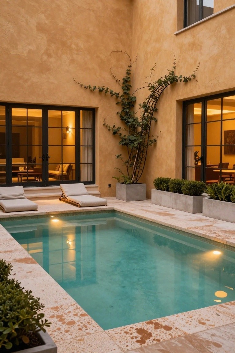 A small rectangular pool with turquoise water and soft underwater and edge lighting in a courtyard surrounded by beige stucco walls, black-framed glass doors, ivy on a trellis, potted plants, and two beige lounge chairs on travertine decking at dusk.