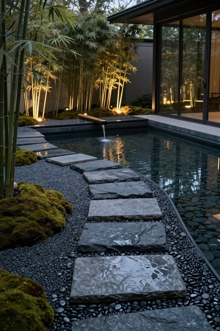 Narrow rectangular pool with central fountain and irregular stepping stones crossing the water, edged in black pebbles and mossy patches, tall bamboo plants uplighted from below, and dark gravel paths beside a modern glass house wall.