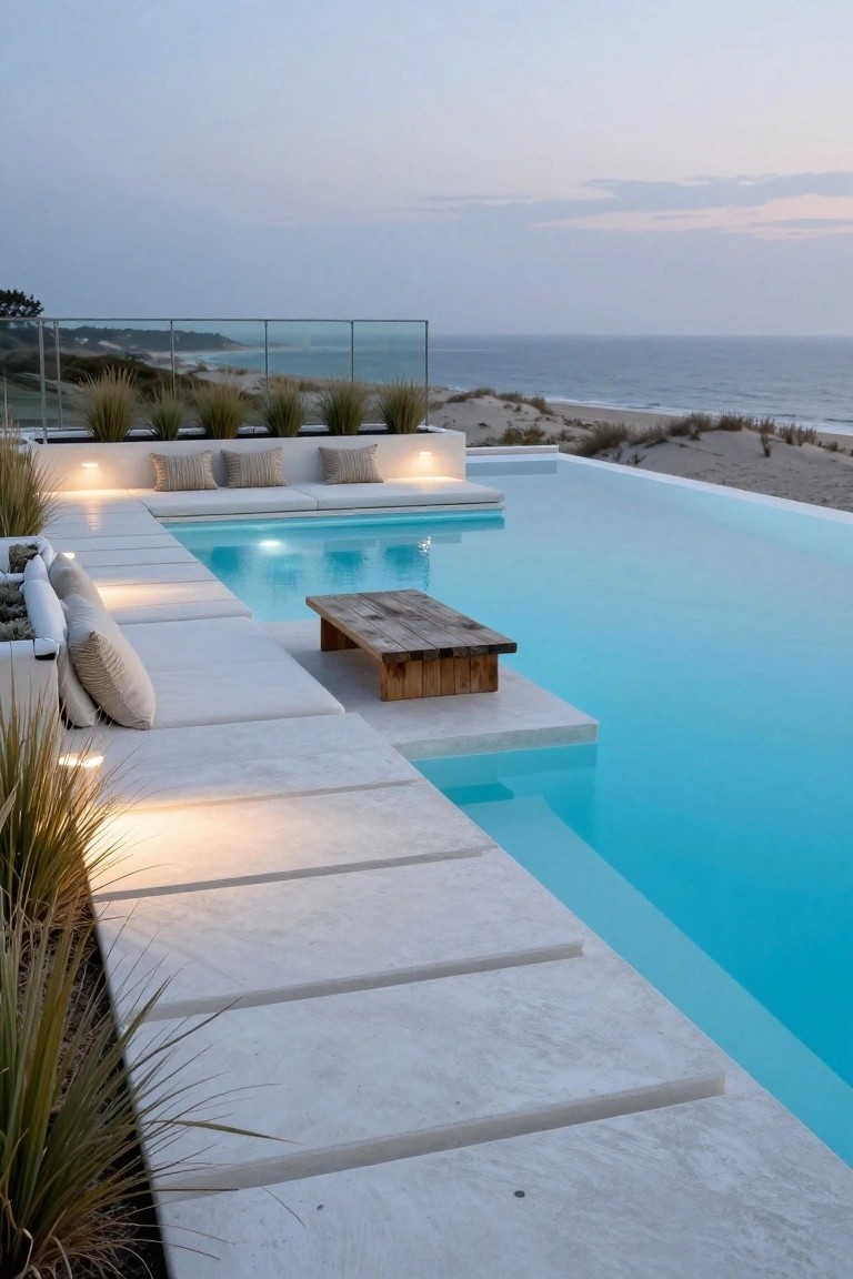 Infinity-edge pool on a white stone terrace with recessed lighting along the deck edges, wooden table in the shallow end, cushioned outdoor seating, potted grasses, glass railing, and ocean dunes view at dusk.