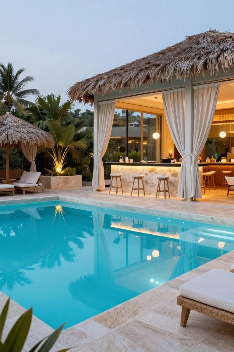 Outdoor poolside bar pavilion with thatched roof, hanging white globe lights, backlit stone bar counters, loungers, palm trees, and turquoise pool reflecting lights at dusk.