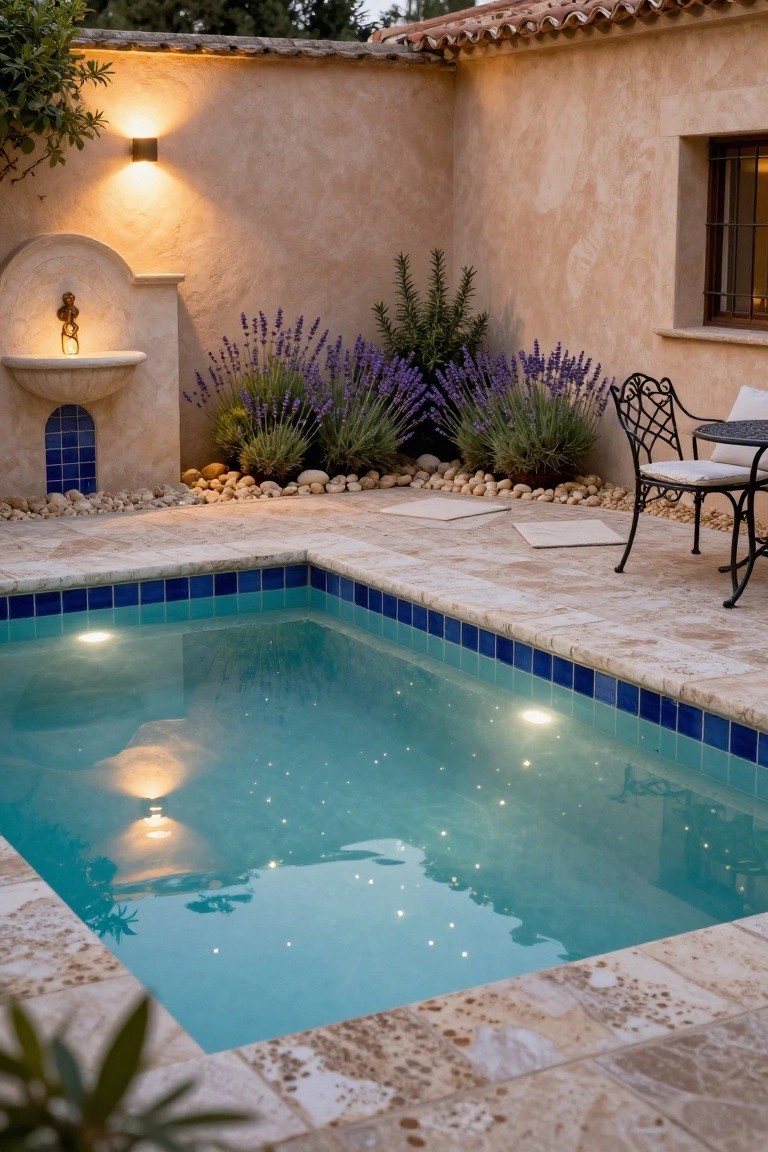 Small rectangular pool with blue tiled edges lit from underwater at dusk, surrounded by beige stone pavers, lavender plants, a stone fountain, wrought iron table and chairs, and stucco walls with wall-mounted lights.