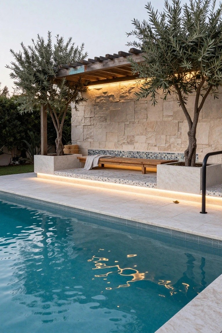 Wooden bench with LED strip lighting underneath next to an infinity-edge pool, flanked by olive trees in stone planters, stone wall backdrop, and pergola structure.