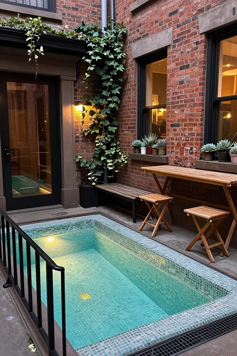 Small turquoise mosaic-tiled pool with underwater lighting in a brick courtyard, surrounded by ivy on walls, potted succulents, wooden table with stools, and a bench.