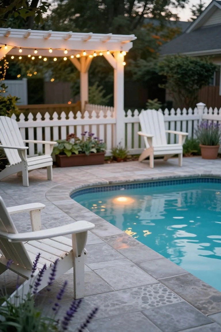 Backyard pool at dusk with white pergola strung with warm globe lights, two white Adirondack chairs on gray stone patio near curved pool edge, lavender plants, potted greenery, and white picket fence.