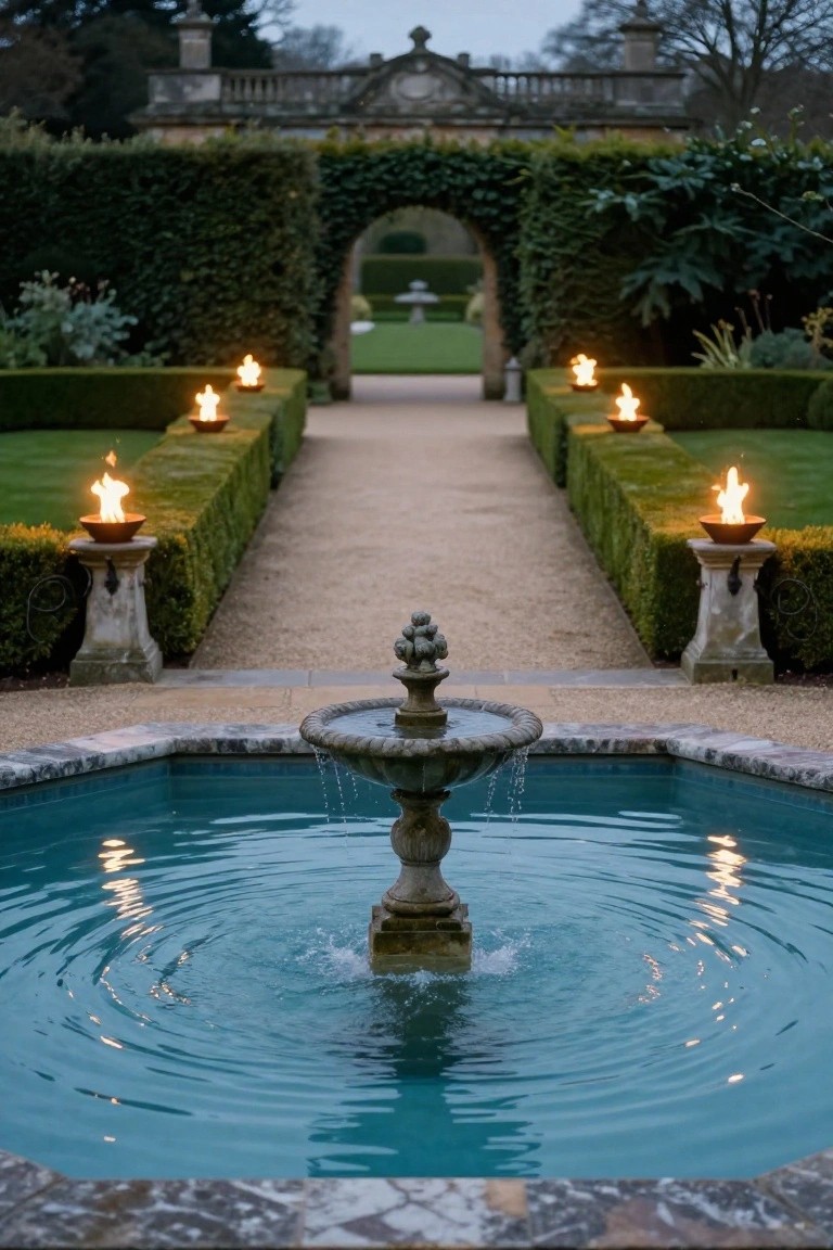 Stone pedestal torches with flames line a gravel pathway flanked by boxwood hedges, leading to a central octagonal stone fountain pool in a garden at dusk, with an arched gateway and building visible in the background.