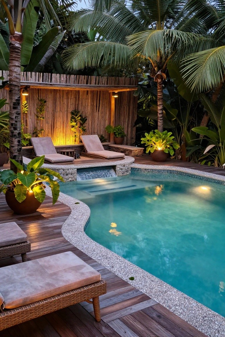 Tropical pool at dusk with curved turquoise water, wooden deck, beige loungers, lit potted plants, uplights on bamboo wall, and surrounding palm trees.