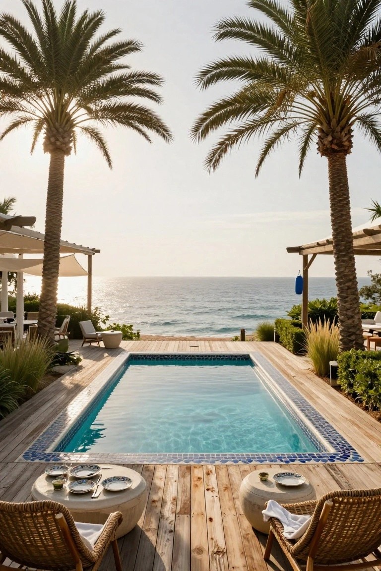 Wooden deck surrounding a rectangular blue-tiled pool, with two rattan chairs and a low round table set with dishes and cups nearby, palm trees and pergolas on either side, overlooking the ocean.