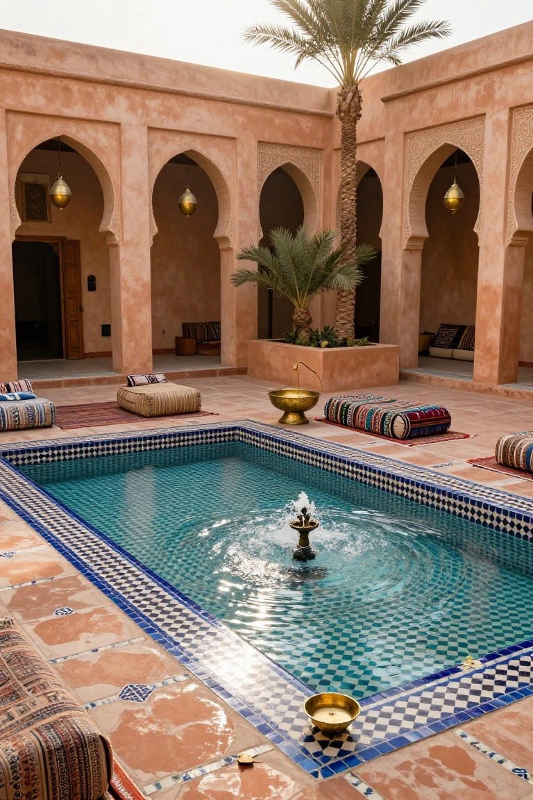 Terracotta courtyard with arched doorways and walls enclosing a small rectangular pool of blue mosaic tiles with central fountain, tall palm tree in planter, low fabric cushions and poufs on tiled floor, hanging brass lanterns.