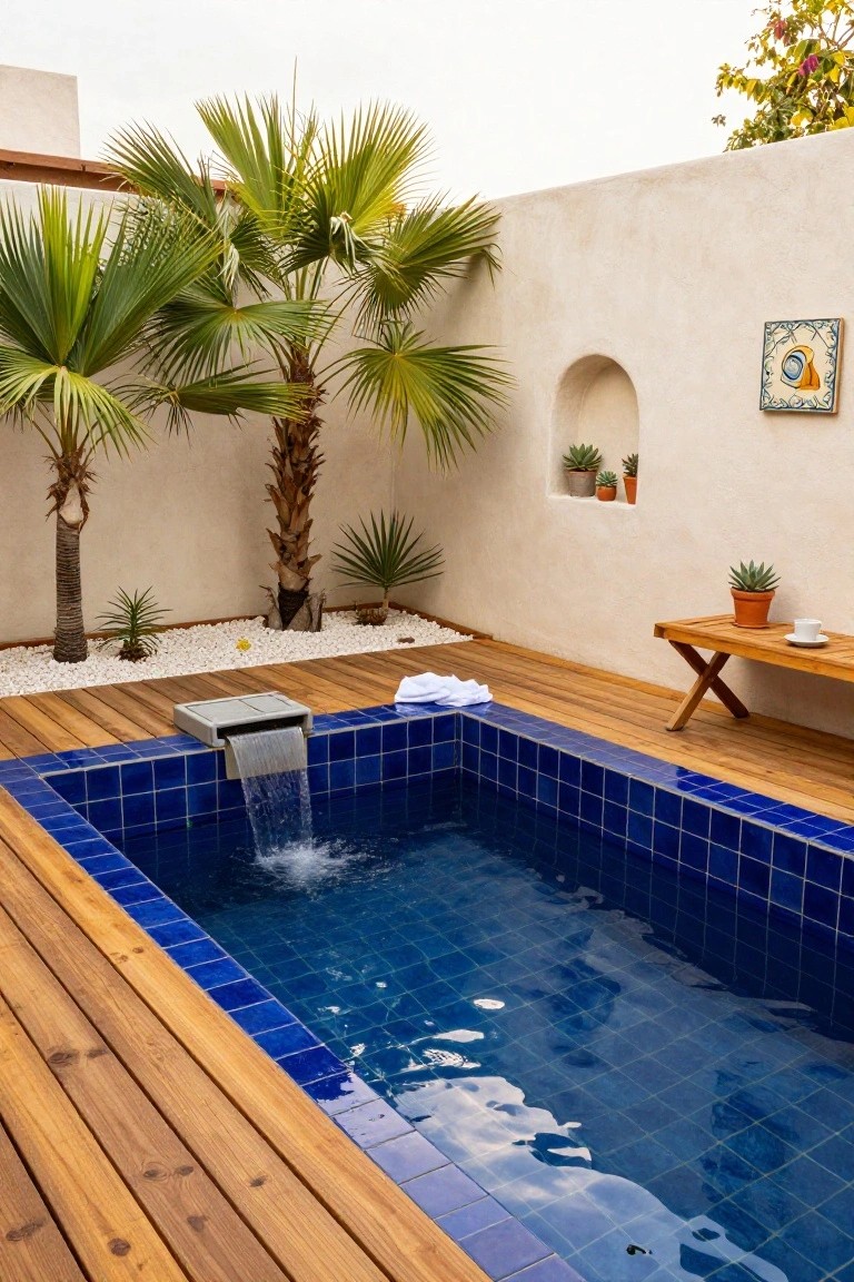 Small rectangular pool lined with blue tiles and a gray waterfall box, integrated into light wooden decking surrounded by palm trees, succulents, white pebbles, and beige stucco walls with a wooden bench nearby.