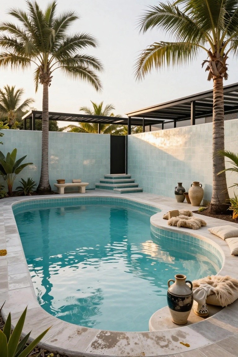 Oval turquoise pool with curved tiled edges holding beige cushions, fur throws, and pottery urns, surrounded by palm trees, light blue tiled walls, stone steps, and a bench.