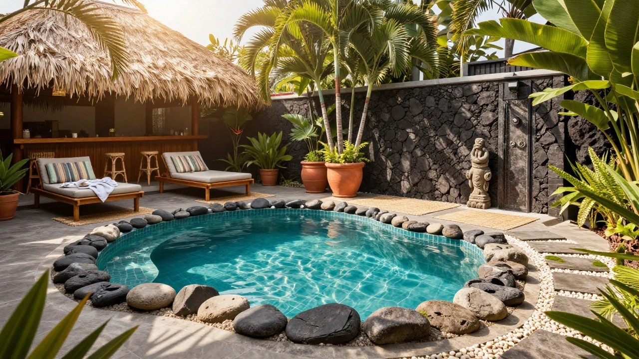 Turquoise pool edged with large boulders and black pebbles with a small waterfall, next to a thatched-roof bar area with wooden bar top, rattan stools, and striped loungers amid tropical plants and palms.