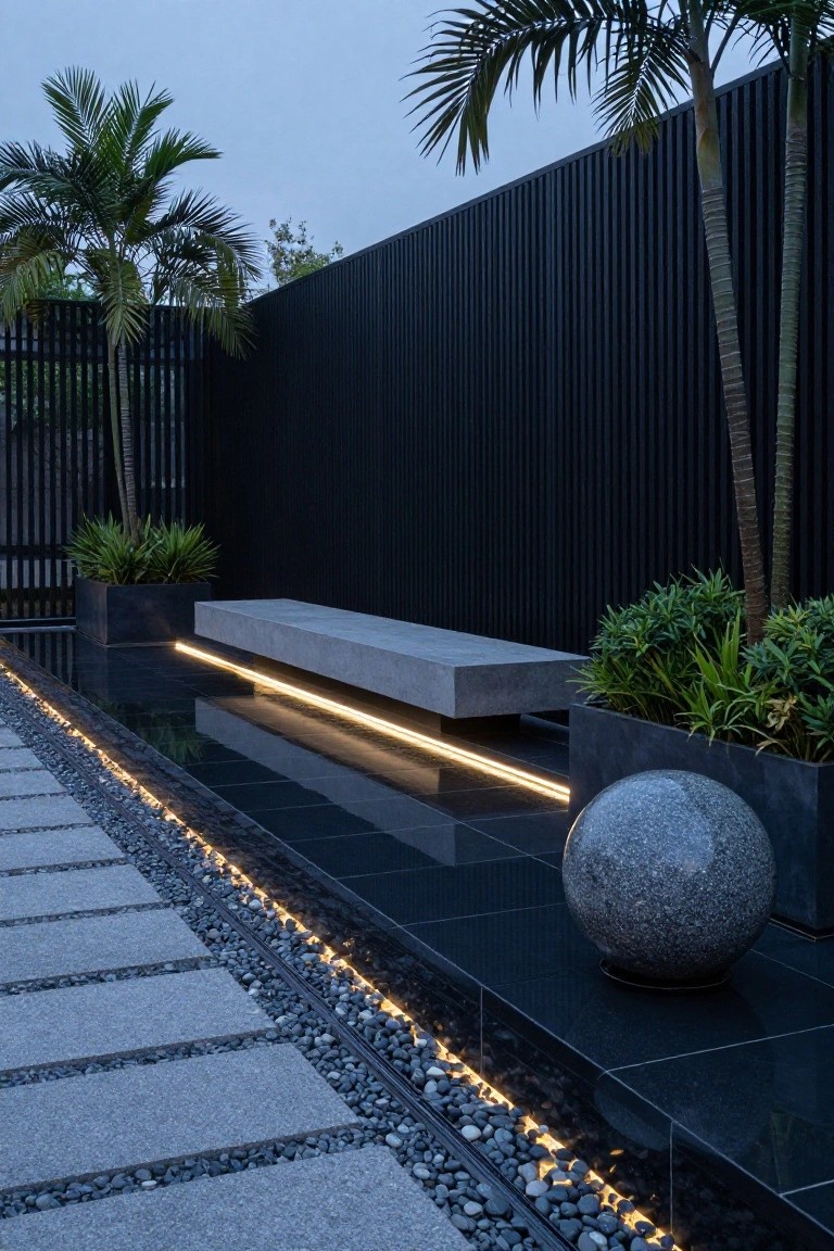 Twilight view of an outdoor pathway with gray stone slabs edged in pebbles and LED lights, a lit concrete bench on black reflective tiles, potted plants including a large stone sphere, palm trees, and black slatted fence.