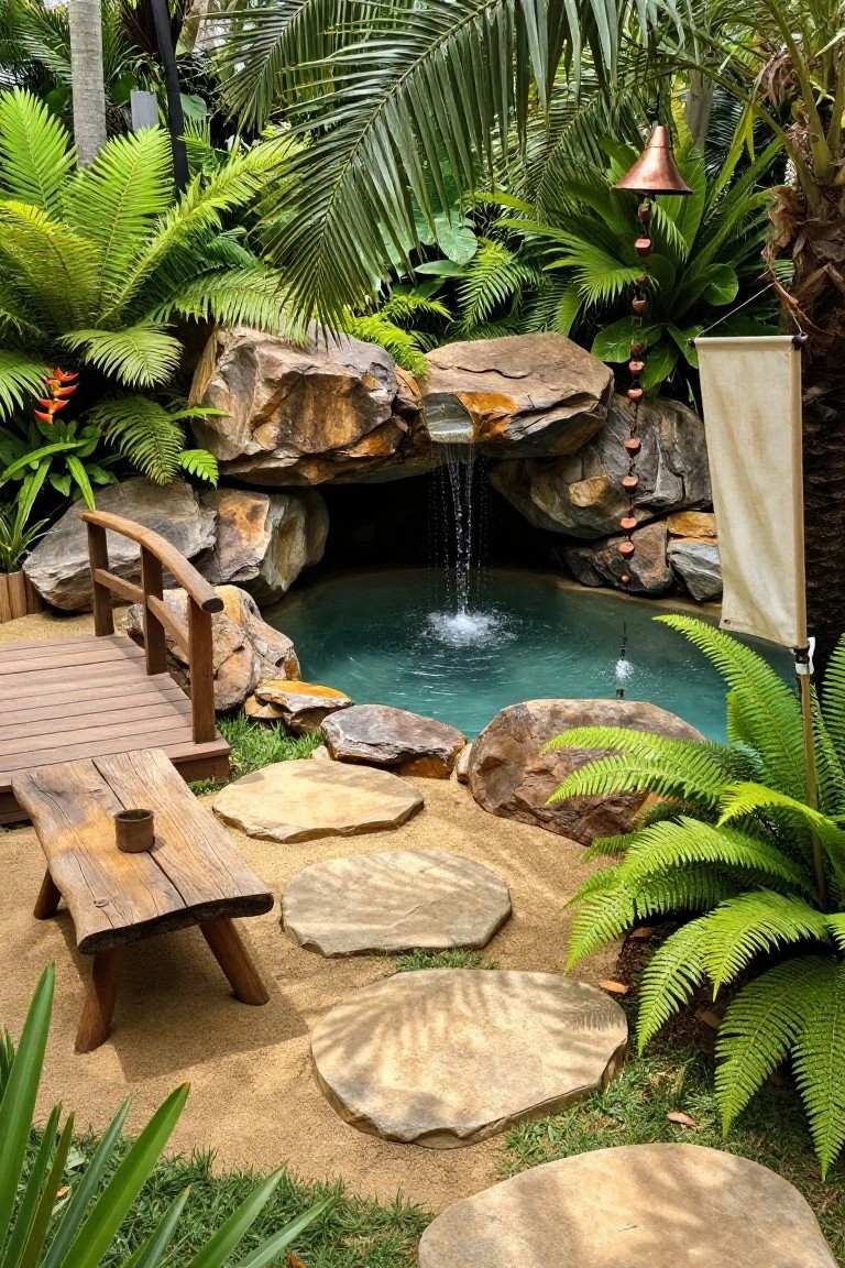 Small turquoise pool inside a rock cave with waterfall, arched wooden bridge over the water, surrounded by tropical palms, ferns, heliconia flowers, stepping stone path, and wooden bench on sandy ground.