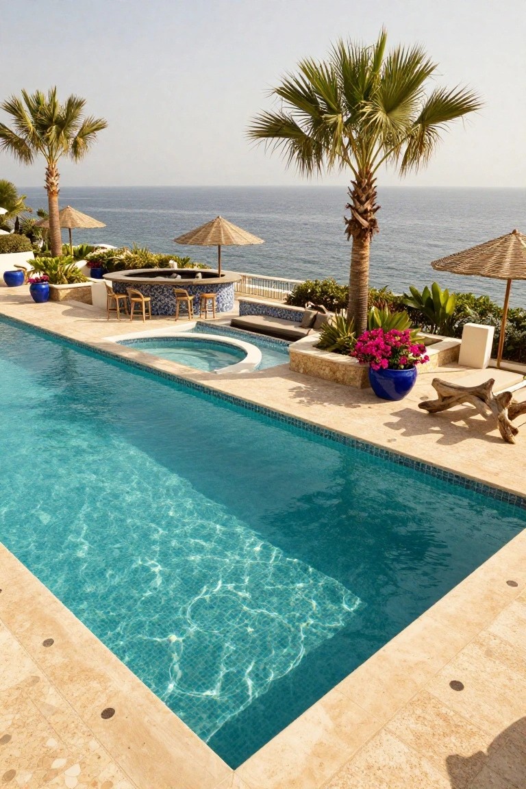 Rectangular turquoise pool with adjacent curved blue-tiled bar on stools, white hot tub, potted plants, palm trees, thatched umbrellas, and ocean view on beige stone deck.