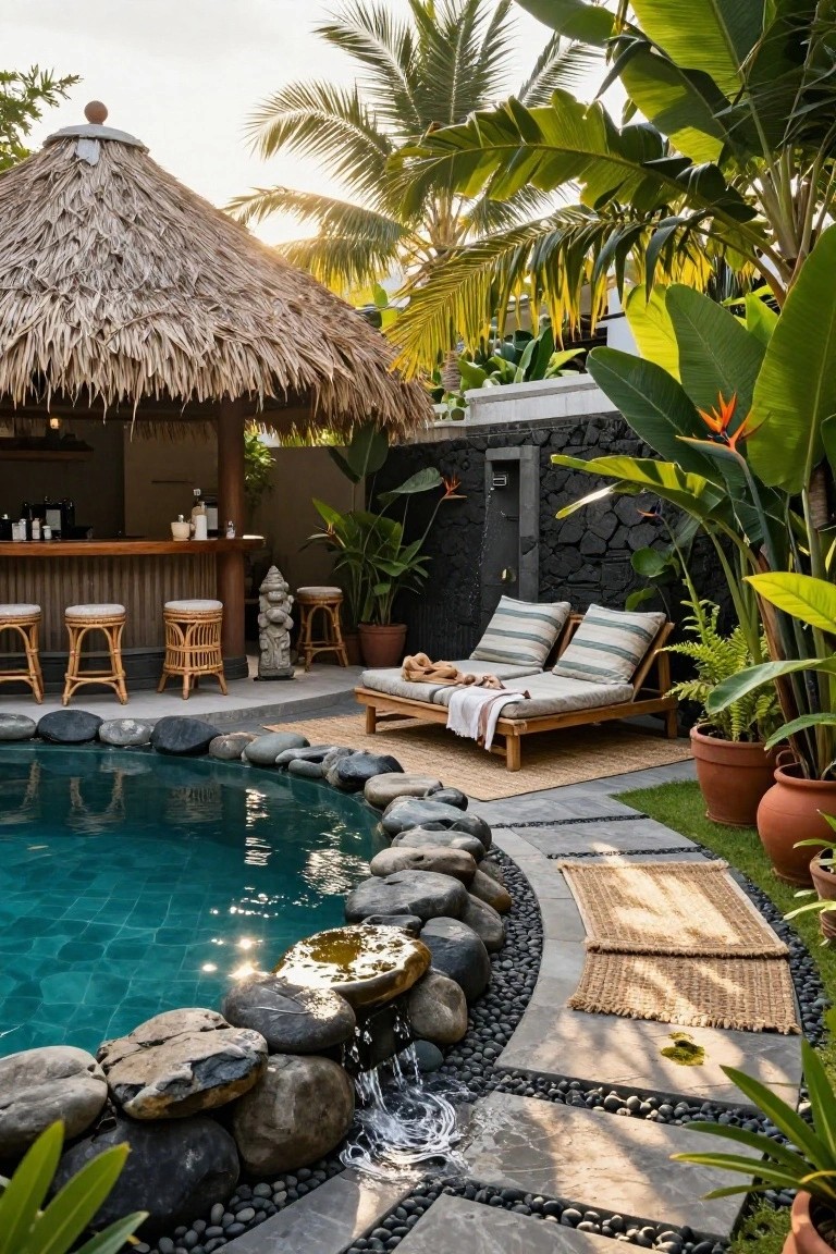 Turquoise pool edged with large boulders and black pebbles with a small waterfall, next to a thatched-roof bar area with wooden bar top, rattan stools, and striped loungers amid tropical plants and palms.