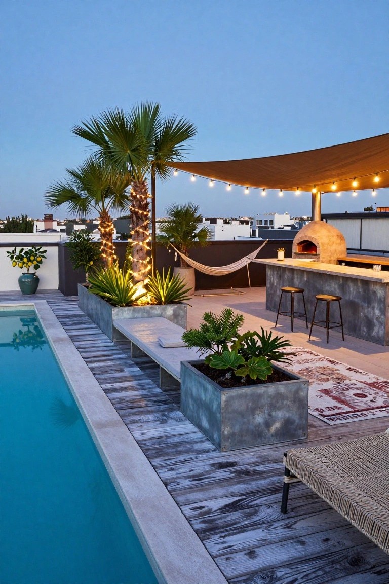 Rooftop terrace at dusk with turquoise pool, gray concrete bar counter featuring wood-fired pizza oven and bar stools, beige shade sail with string lights, lit palm trees, hammock, potted plants, bench seating, and woven lounge chair.