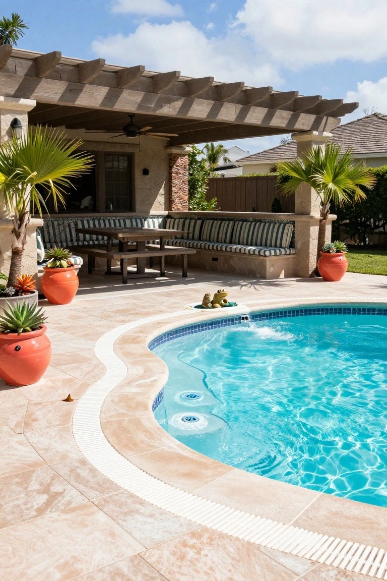 Curved blue-tiled pool with white trim on a beige travertine deck, next to L-shaped built-in bench seating under a wooden pergola, with palm trees, potted plants, and frog sculptures nearby.