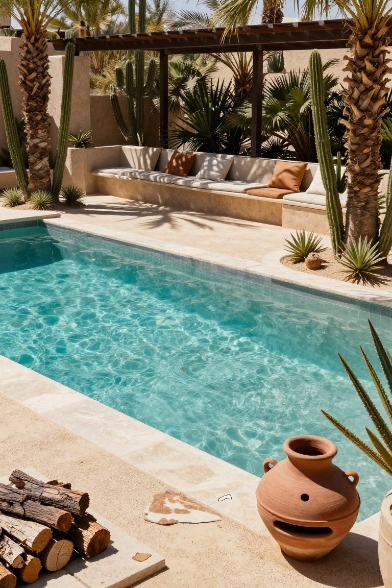 Long narrow turquoise pool edged in beige stone tiles next to a built-in white bench with beige and white cushions under a wooden pergola, surrounded by palm trees, cacti, agaves, a terracotta pot, and stacked firewood in a desert landscape.