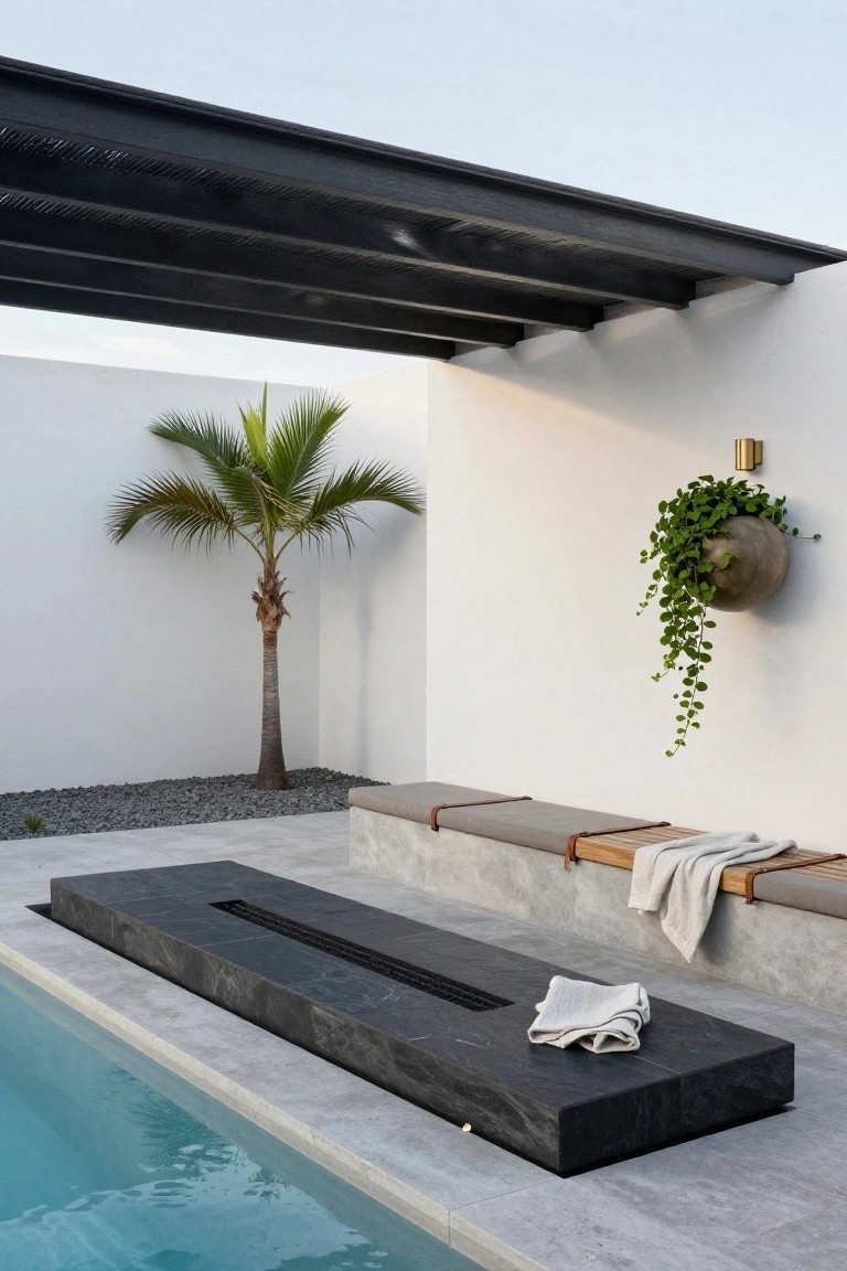 Outdoor pool area with a linear black stone fire pit adjacent to the turquoise pool water, built-in bench seating with cushions along a white wall, a single palm tree, gravel ground cover, and black metal pergola overhead.