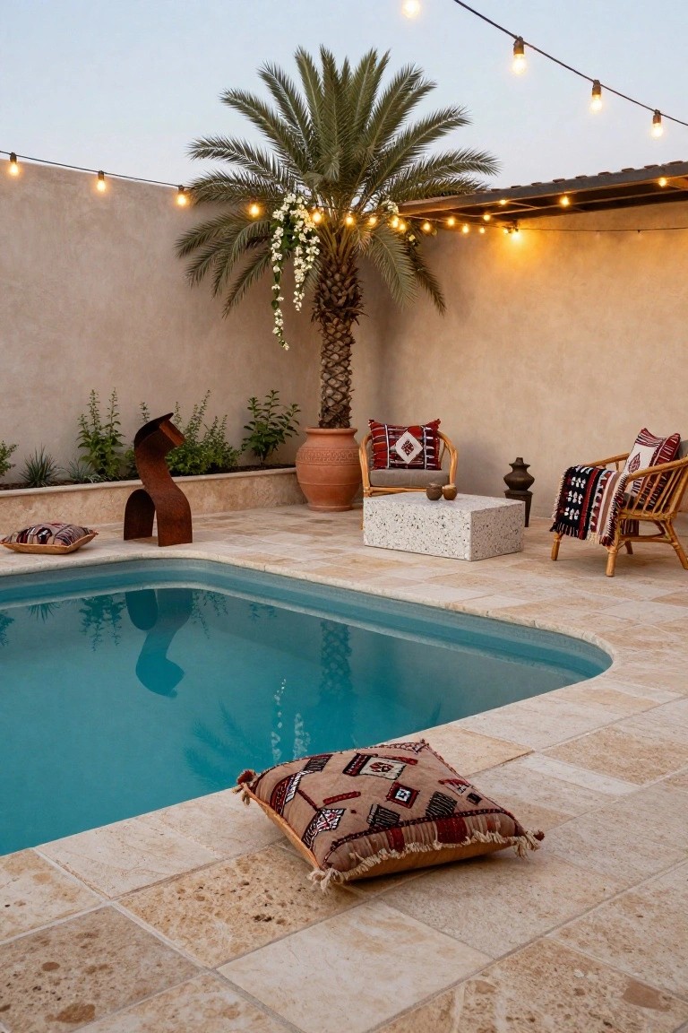 Turquoise pool on beige travertine tiles next to a palm tree with string lights and wisteria, featuring two woven chairs with red and black patterned cushions and throws, terracotta pots, and metal sculpture.