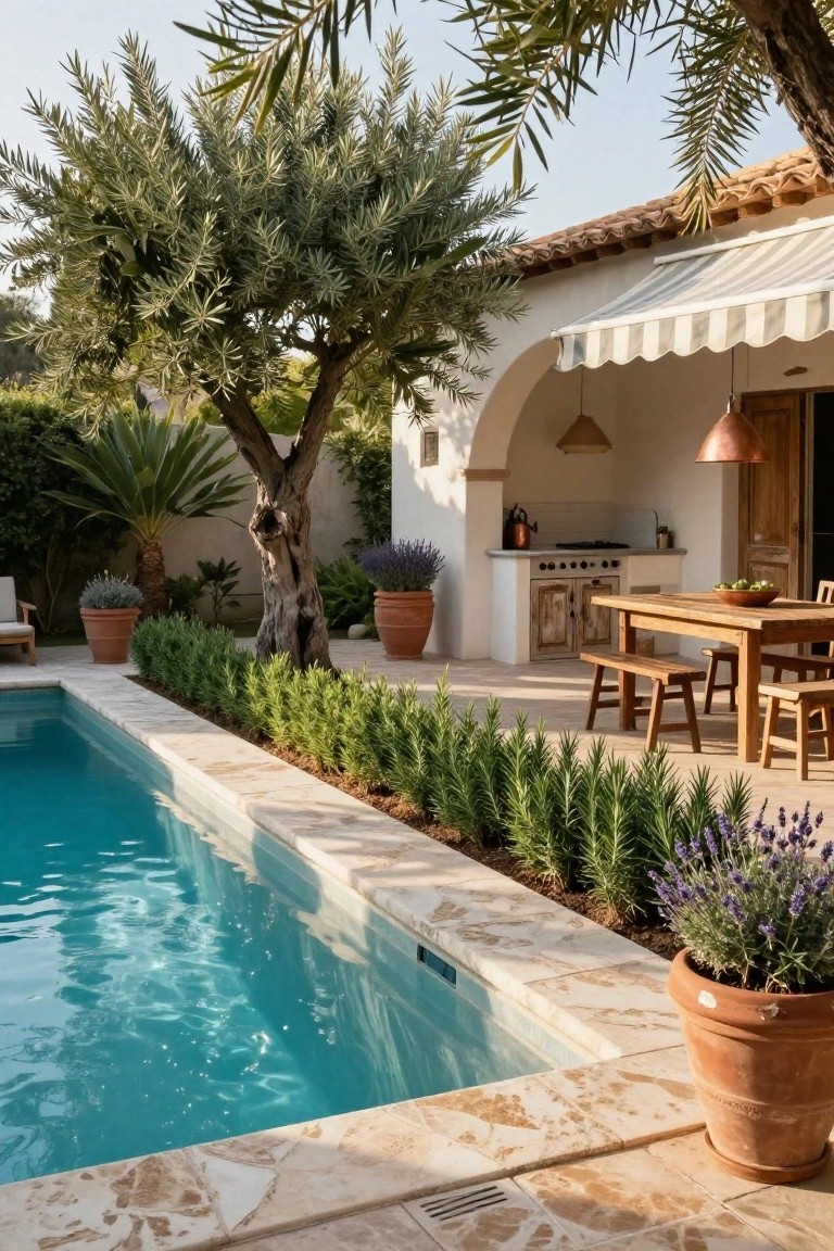 A narrow turquoise pool with stone tile edging and boxwood hedges along one side, adjacent to an outdoor kitchen featuring white cabinets, a cooktop, wood dining table with benches and chairs under a shaded white archway, surrounded by potted plants and an olive tree.