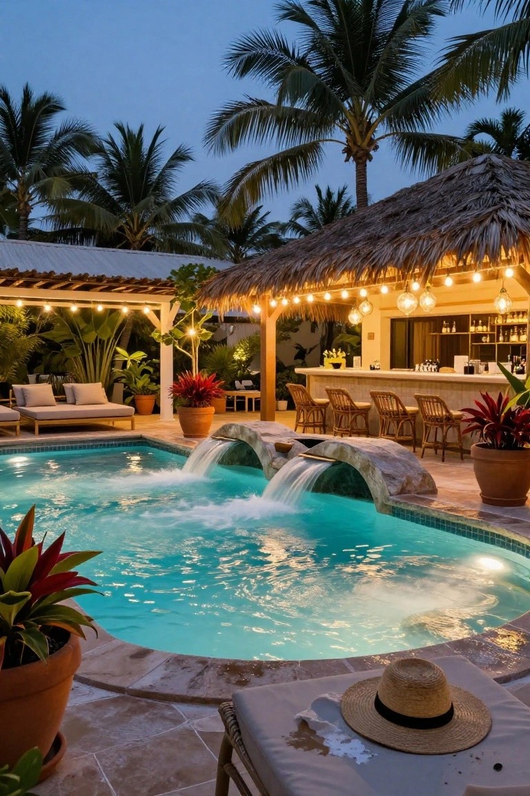 Twilight-lit turquoise pool with dual stone arch waterfalls, adjacent thatched-roof bar with wooden stools, string lights, potted red plants, palm trees, and lounge chairs on tiled decking.