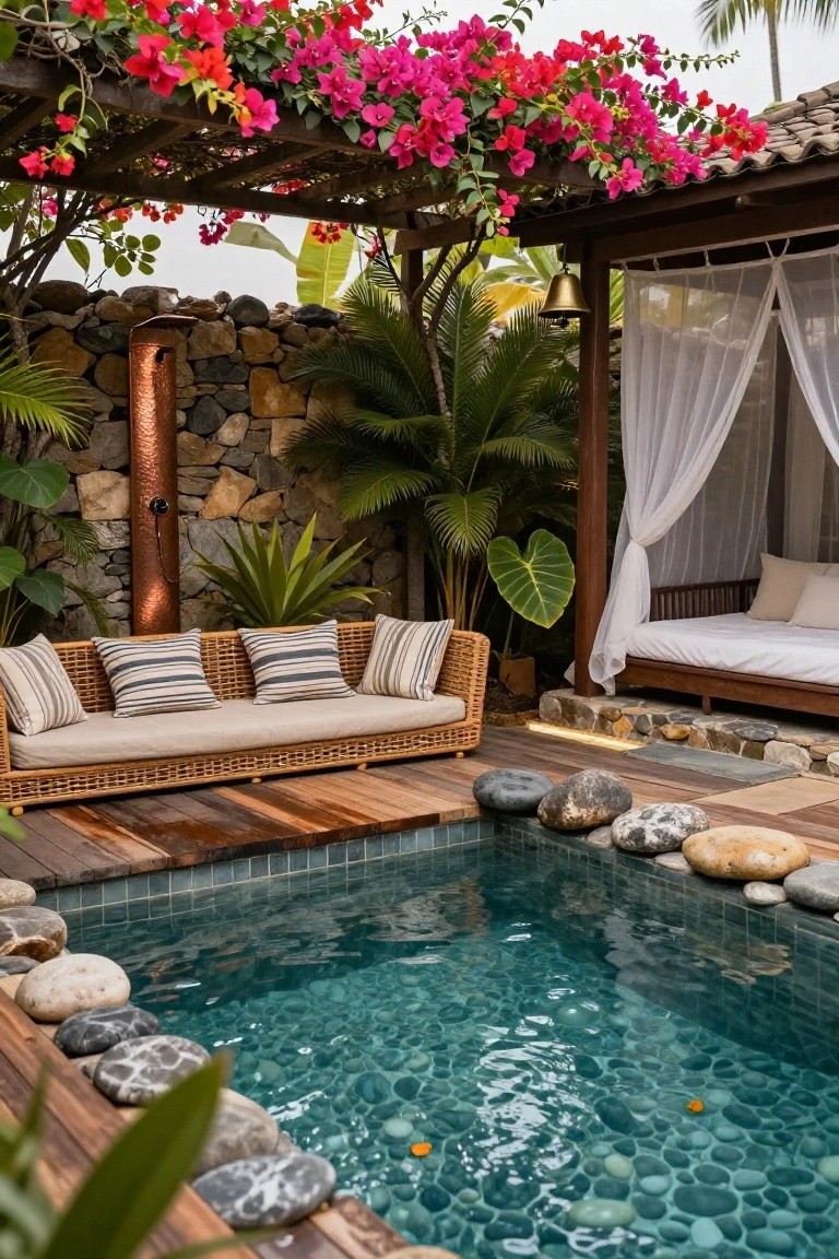 Small rectangular turquoise-tiled plunge pool edged with smooth boulders and pebbles on a wooden deck, next to rattan sofa and pillows, surrounded by tropical plants, stone wall with copper shower, and curtained wooden daybed pavilion under pergola with pink bougainvillea.