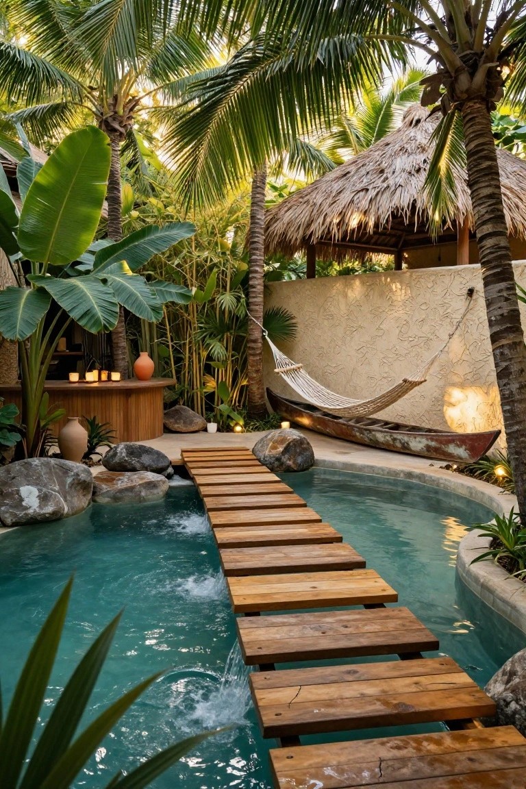 Tropical pool with wooden plank pathway crossing over turquoise water, surrounded by palm trees, large boulders, lush plants, a hammock, canoe boat, and wooden bar counter.