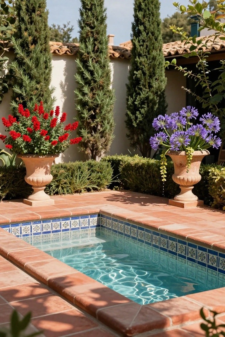 Small rectangular pool with blue tiled edges and terracotta surround, flanked by large terracotta urns holding red-flowered plants and purple agapanthus, tall cypress trees and hedges against white stucco wall.