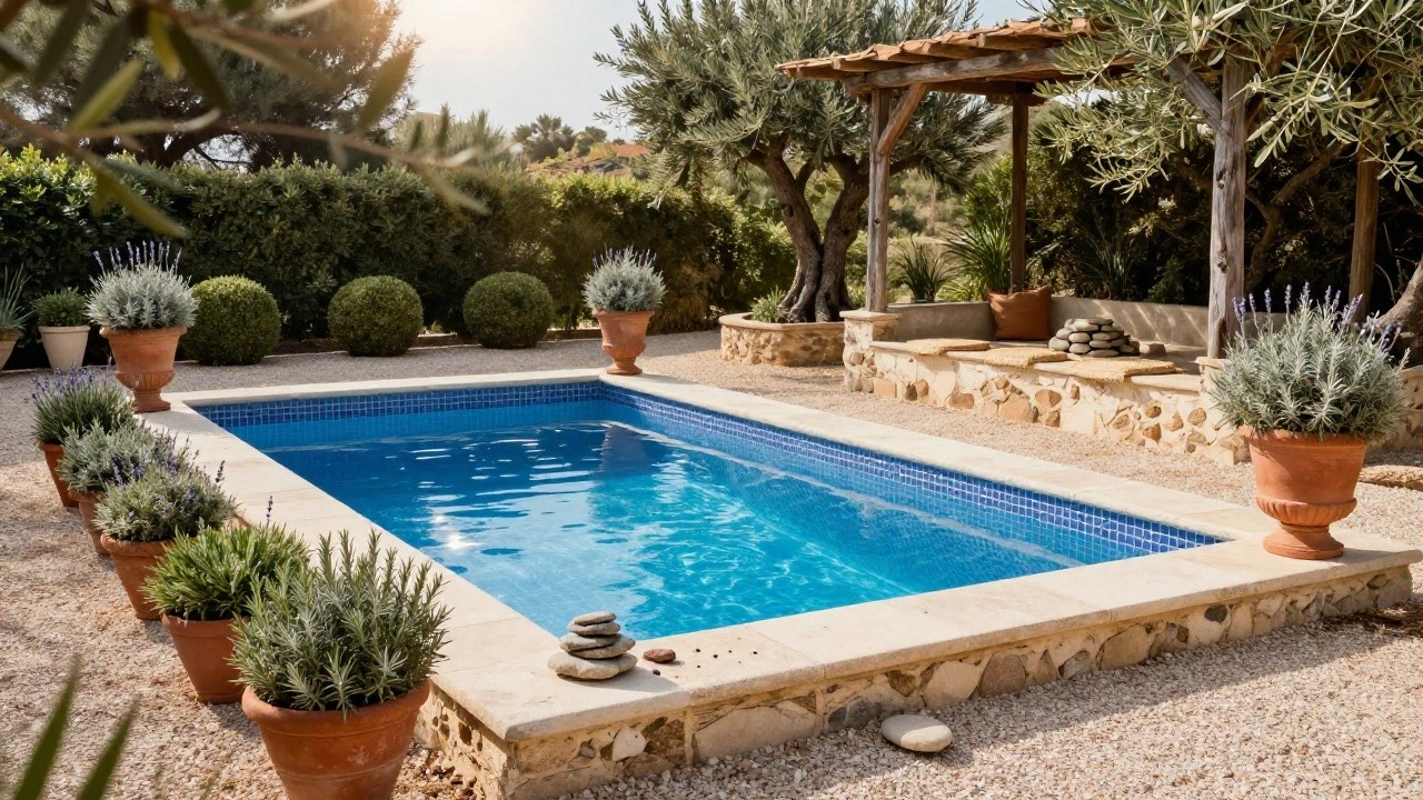 A rectangular blue-tiled pool edged in beige stone, surrounded by large terracotta pots of lavender and silver-leaf plants, gravel ground cover, olive trees, boxwood shrubs, and a wooden pergola nearby under sunny skies.