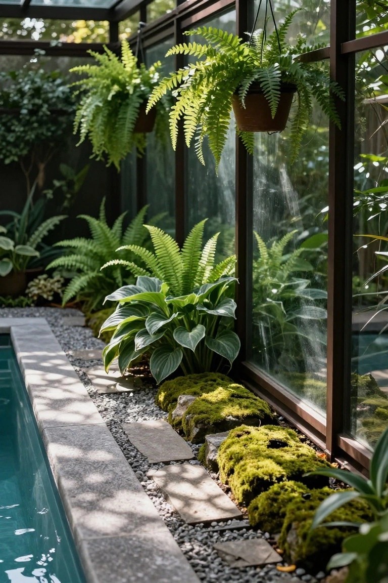 Close-up view of a turquoise pool edged with gray stone, white gravel, moss-covered rocks, hostas, ferns, and hanging potted ferns inside a glass-walled enclosure filled with tropical plants.