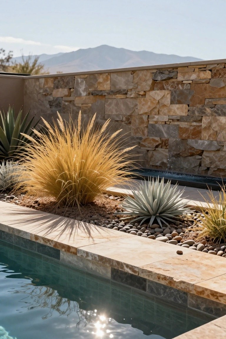 Poolside landscaping with clusters of yellow fountain grass, blue agave plants, pebble ground cover, travertine pool coping, and a textured stone wall against distant mountains.