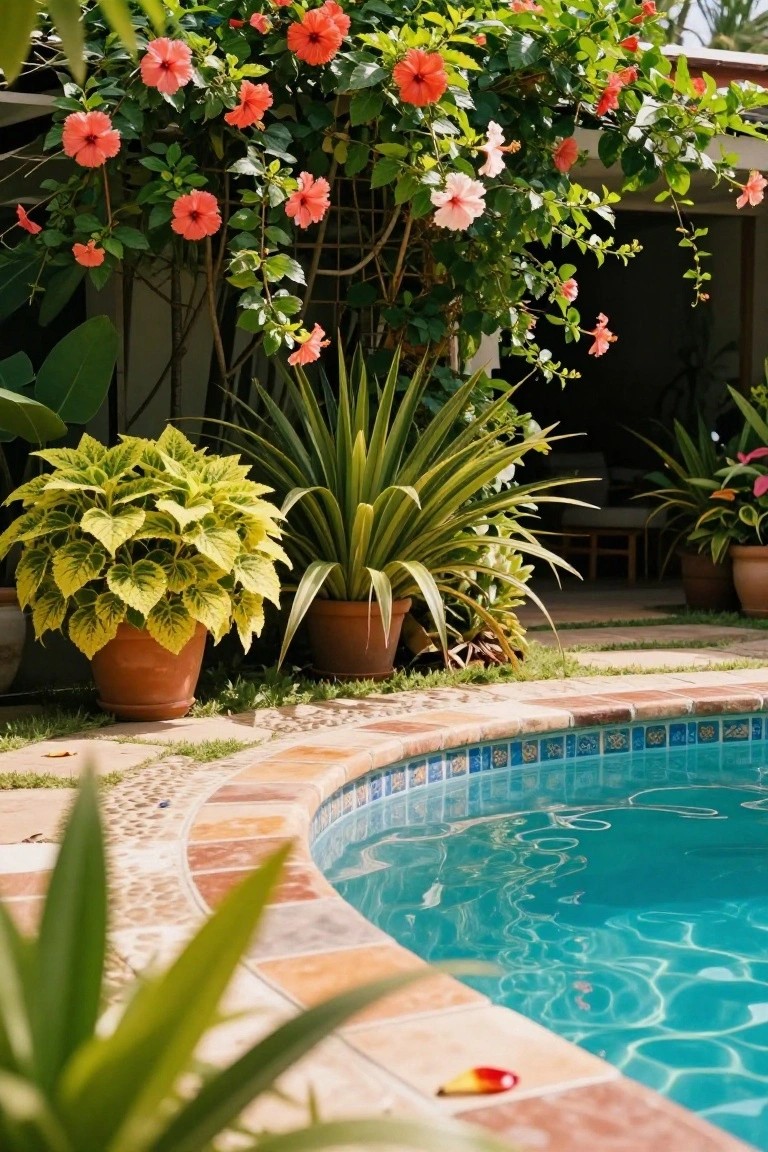 Curved pool edge with blue tiled water, surrounded by terracotta pots of yellow variegated coleus and green agave plants, cascading pink and orange hibiscus vines on a structure, and tropical foliage.