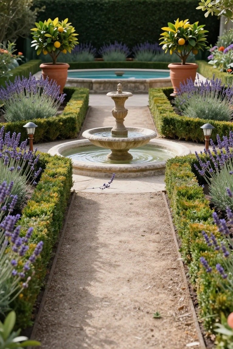 Symmetrical formal garden with central stone fountain and pool, gravel path bordered by lavender plants and boxwood hedges, potted citrus trees on either side, and low garden lights.