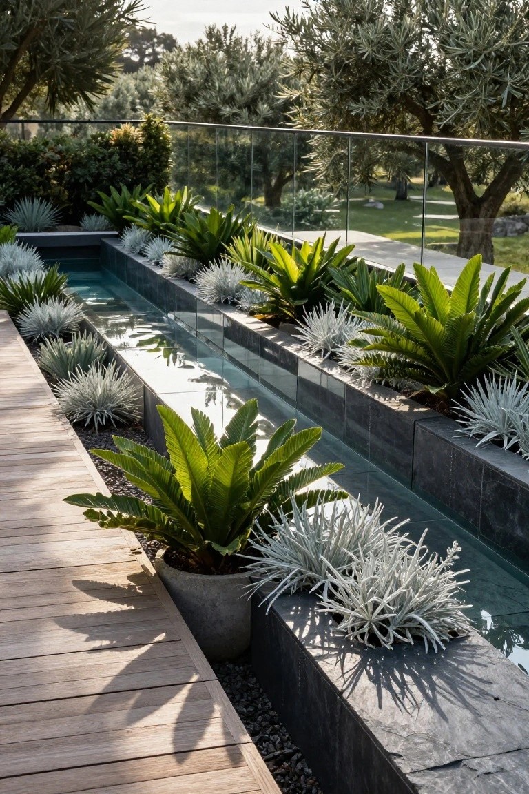 Narrow rectangular pool with clear water, flanked by clusters of silvery spiky plants and broad-leafed green foliage in black stone planters, alongside a wooden walkway, olive trees and greenery in background.